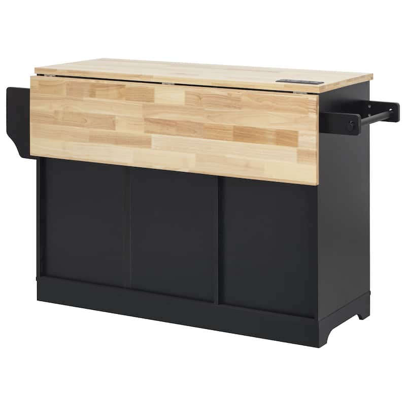 59.3" Rolling Kitchen Island with Storage and Pull-Out Organizers Rubber Wood Drop Leaf Rolling Design for Versatile Use