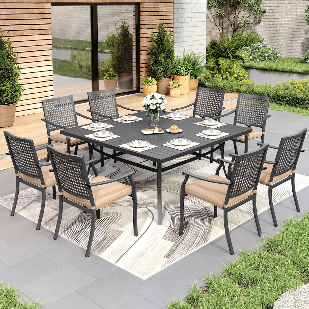 MAISON ARTS 9-Piece Patio Dining Set 1 Large Square Metal Table and 8 Stackable Chairs