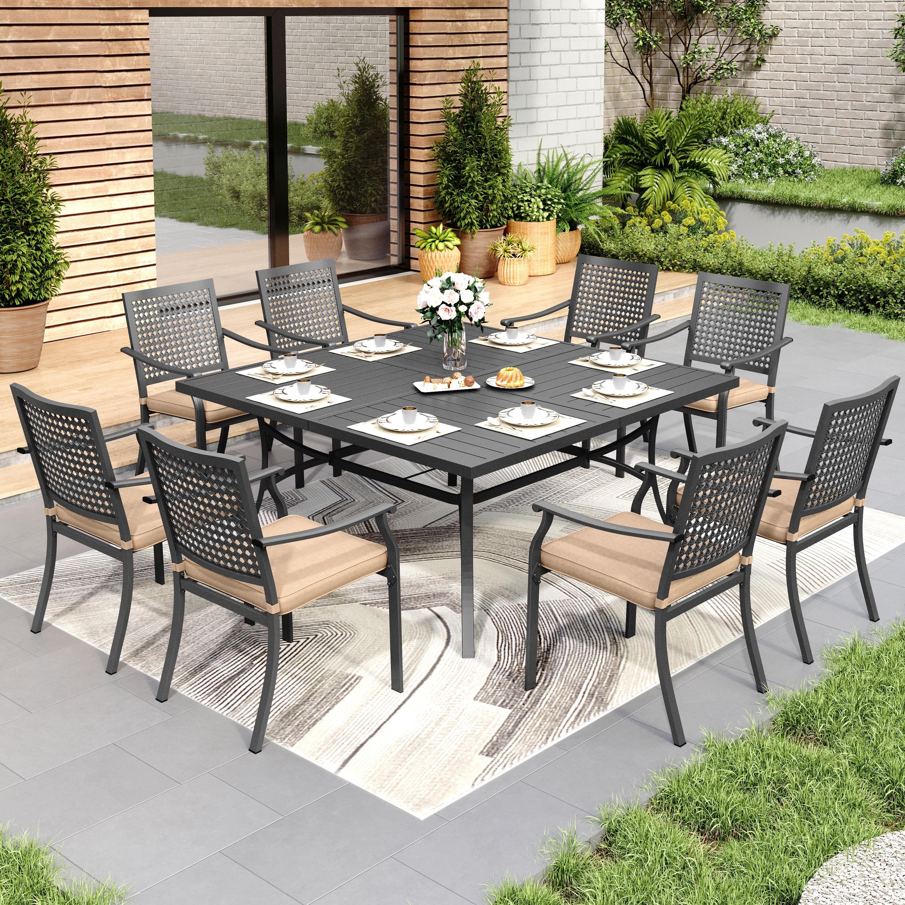 MAISON ARTS 9 Pieces Patio Dining Set 1 Large Square Metal Table and 8 Stackable Chairs
