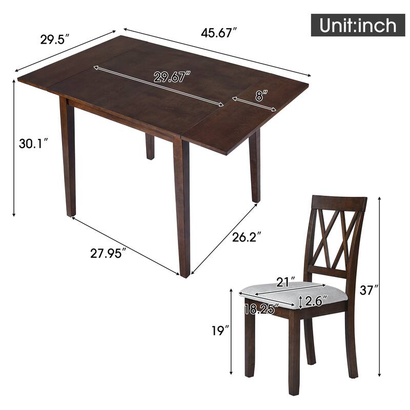 5-Piece Extendable Dining Set with Drop Leaf, Upholstered Dining Chair
