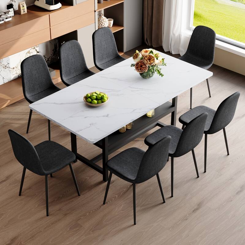 9-Piece Spliced Dining Table Set with Storage, 71x35.4 Inch Table & 8 High-Resilience Fabric Chairs