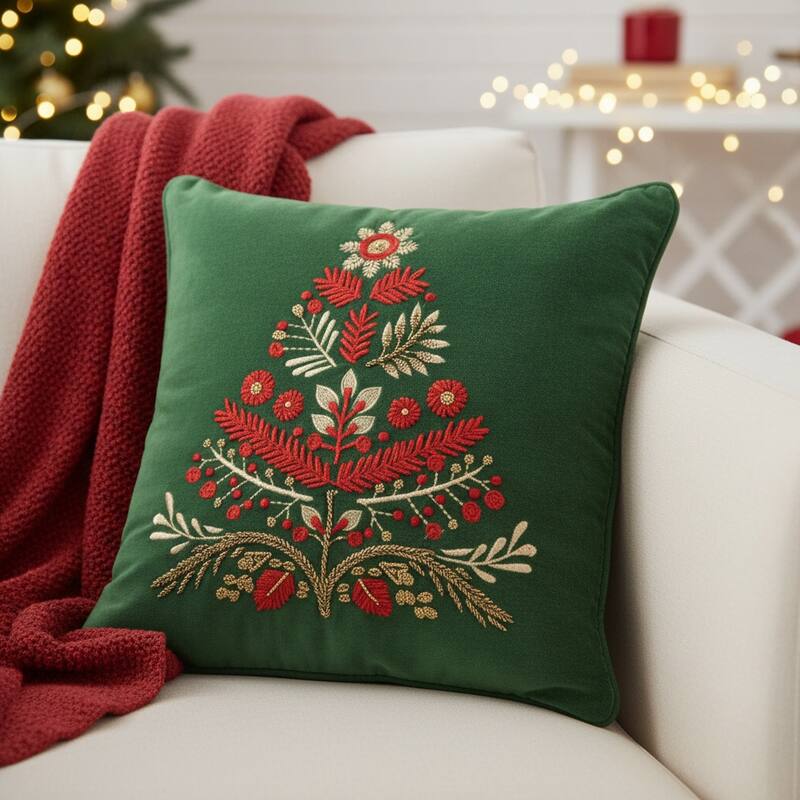 18" Green And Red Floral Velvet Cotton Christmas Tree Throw Pillow - Polyester - 18.00 in. x 18.00 in.  x 6.50 in. - Pillow Sets - Green/Red
