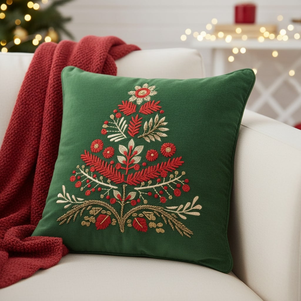 18" Green And Red Floral Velvet Cotton Christmas Tree Throw Pillow