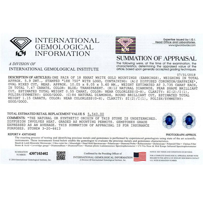 Auriya Fancy 7 1/2ct Royal Blue Sapphire Oval and 1 3/4ctw Halo Diamond Earrings 18K Gold