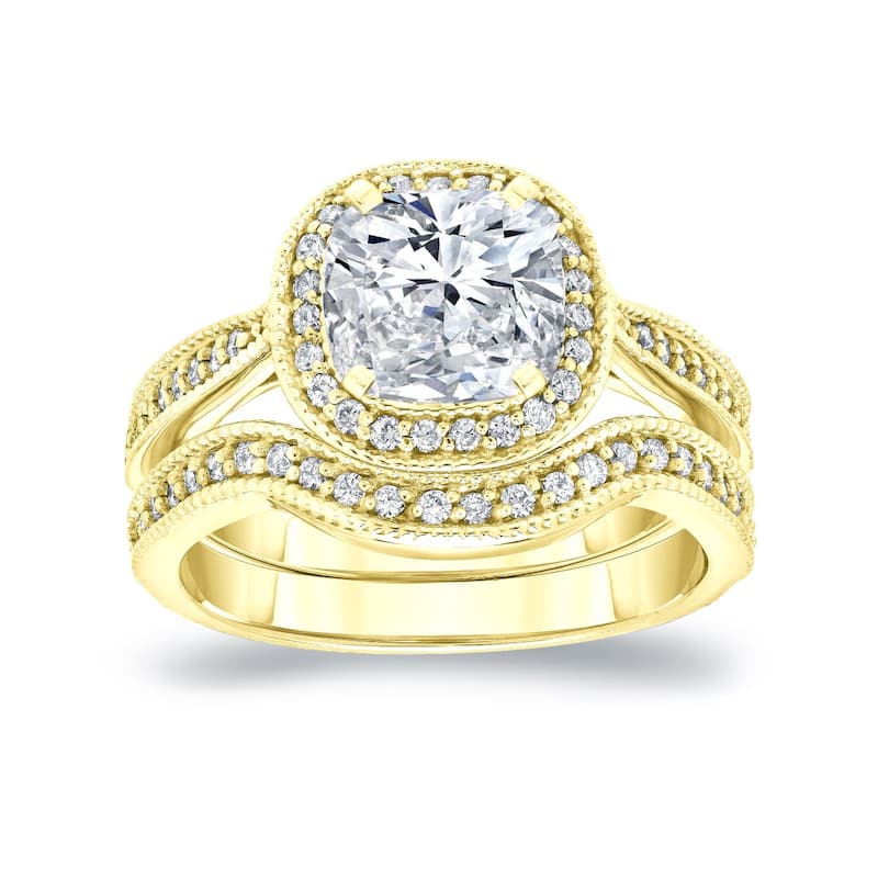 Auriya 14k Gold 1 1/2ctw Vintage Cushion-cut Halo Diamond Engagement Ring Set - Yellow - 4