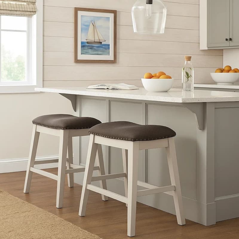 Rune 25 Inch Counter Height Wood Stool, Set of 2, Off White, Gray Seating
