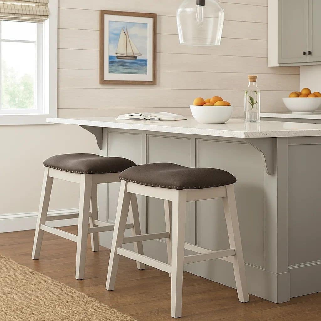Rune 25 Inch Counter Height Wood Stool, Set of 2, Off White, Gray Seating