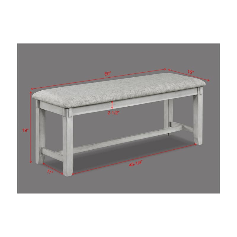 1pc Driftwood Finish Standard Height Bench Gray White Fabric Upholstered Seat Cushion Tapered Legs