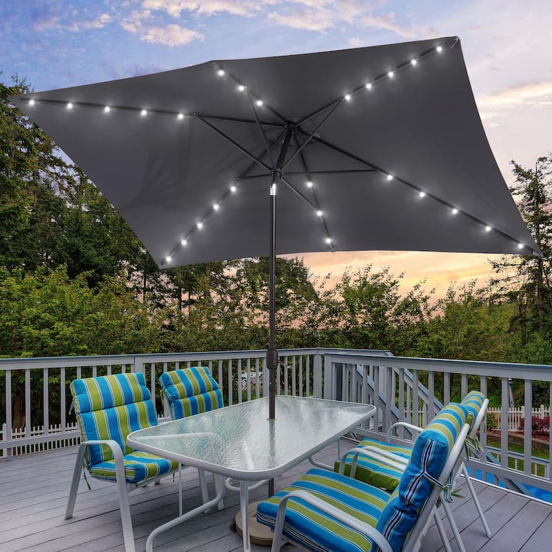 Bonosuki 10 x 6.5ft LED Patio Rectangular Umbrella Outdoor Market Umbrella Aluminium/Steel with Tilt and Crank - Dark Gray