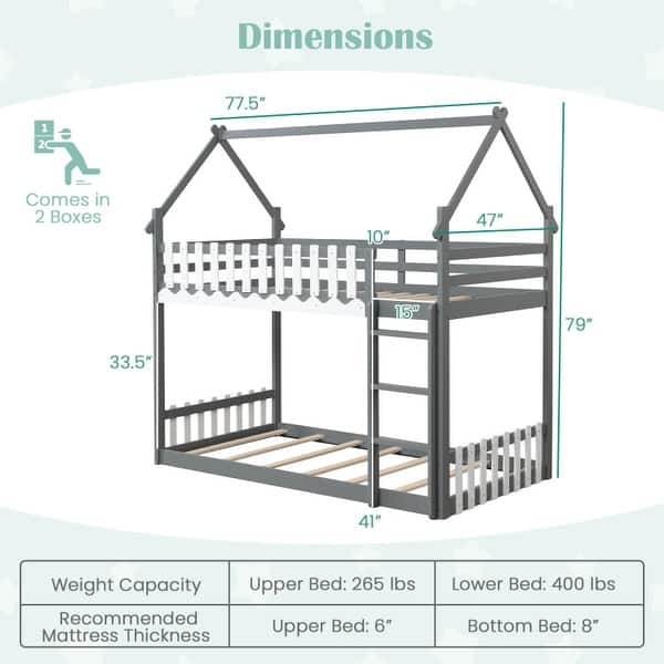 dimension image slide 2 of 3, Twin Over Twin Bunk Bed with Fence and Ladder for Kids