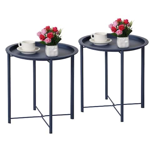 Set of 2 Tray End, Folding Round Metal Side Sofa Table Anti-Rust and Waterproof Outdoor or Indoor