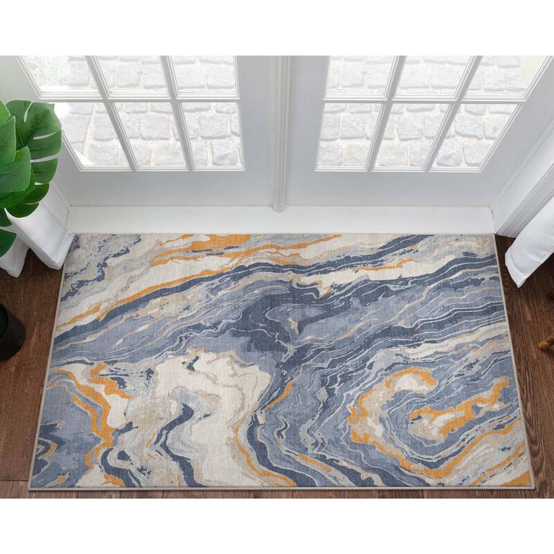 Well Woven Abstract Harmony Modern Boho Marble Flat-Weave Area Rug - 3' 3" x 5' - Blue Gold - Rectangle