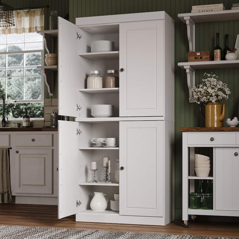 Palace Imports 100% Solid Wood Pantry Cabinet with Frosted, Clear Glass or Solid Doors and Adjustable Shelves - White - Solid