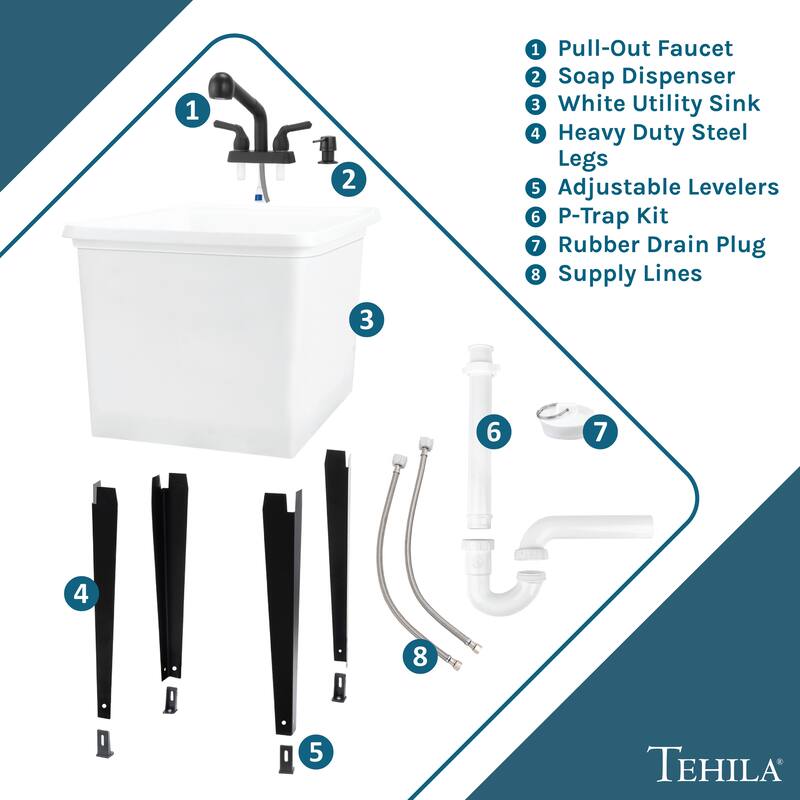 TEHILA White 16-Gallon Space Saver Utility Sink Laundry Tub with Pull-Out Faucet