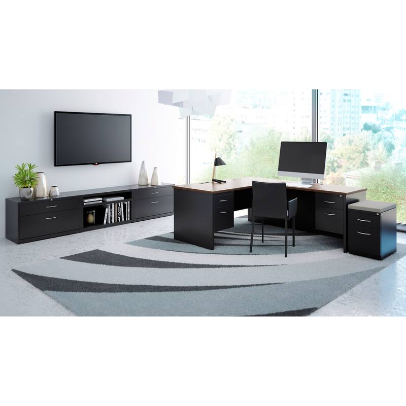Hirsh Executive Office Modular Left-Hand Single Pedestal File Office Desk, 36" D x 72" W, Black / Walnut