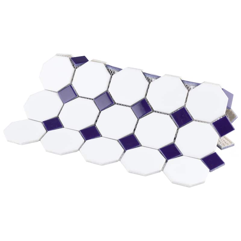 Merola Tile Metro Octagon Matte White w/Cobalt Dot 11-1/2" x 11-1/2" Porcelain Mosaic Tile