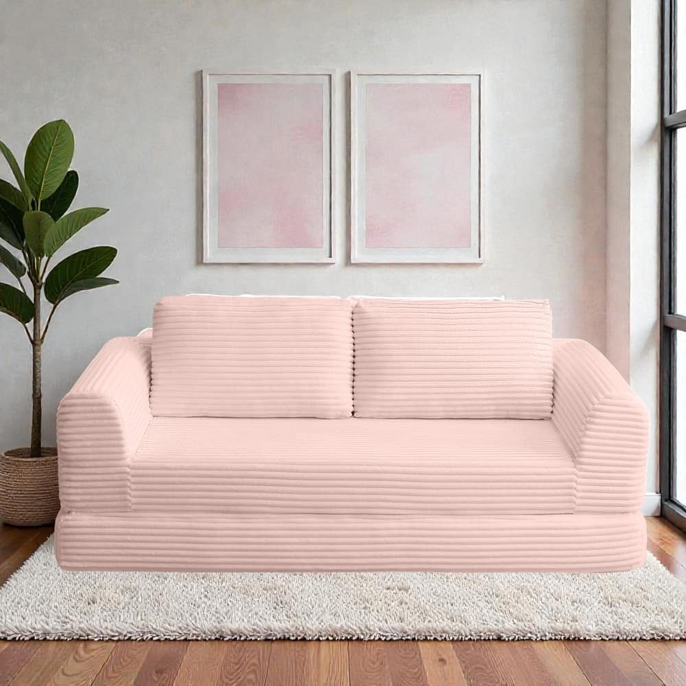 2 in 1 Folding Sofa Bed, Corduroy Convertible Sleeper Couch with Pillows, Boneless Futon Floor Sofa