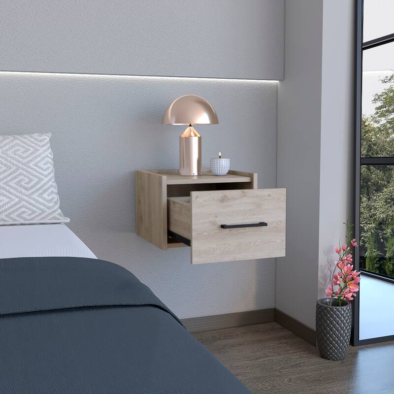 Space-Saving Floating Nightstand with Drawer and Surface, Light Gray