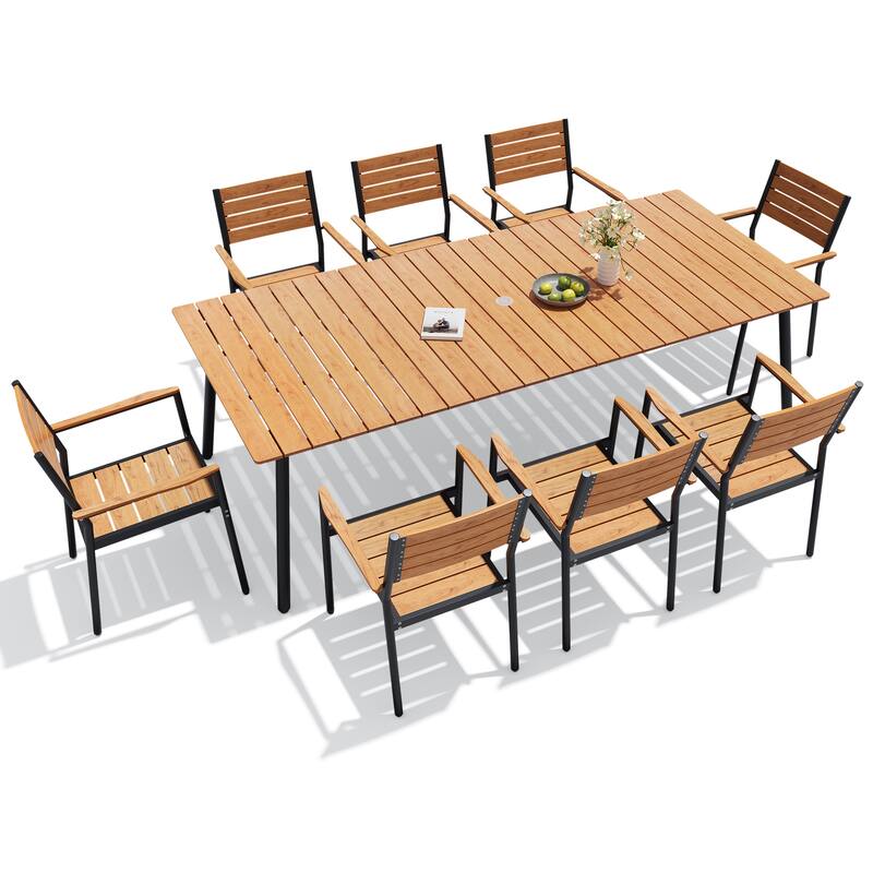 7/9-piece Outdoor Aluminum Rectangle Patio Dining Table with Umbrella Hole and Chairs - 94.5in-Brown