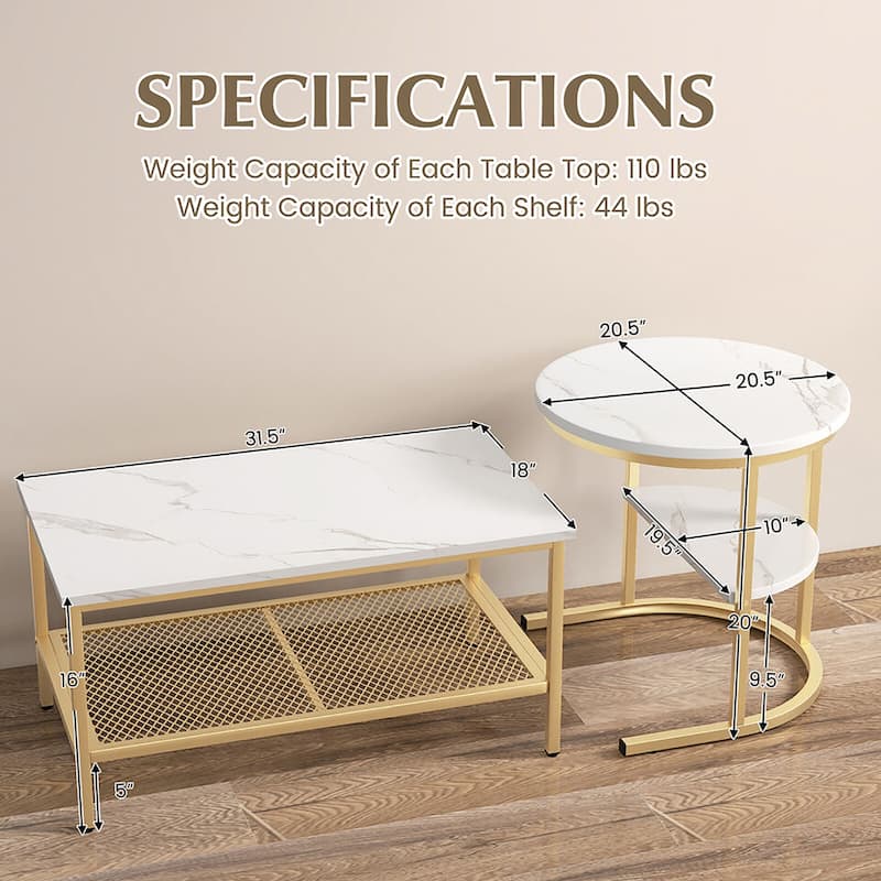 Gymax Nesting Coffee Table Set of 2 Faux Marble Top Detachable w/