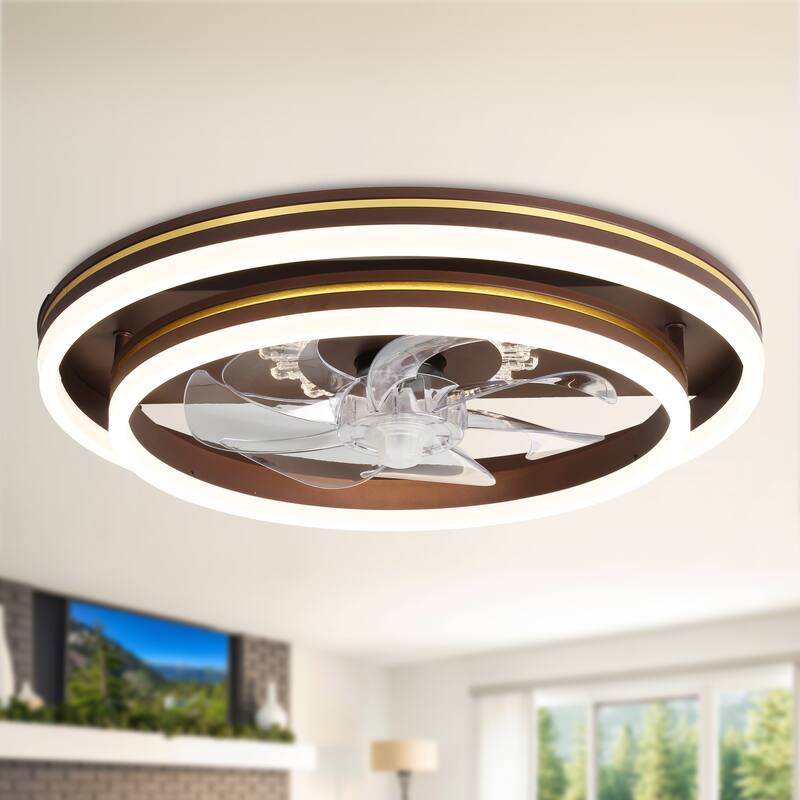 Oaks Aura 20in. LED Smart App Remote Control Low Profile Dual Tier Ceiling Fan Flush Mount Dimmable Bedroom Lighting - Coffee
