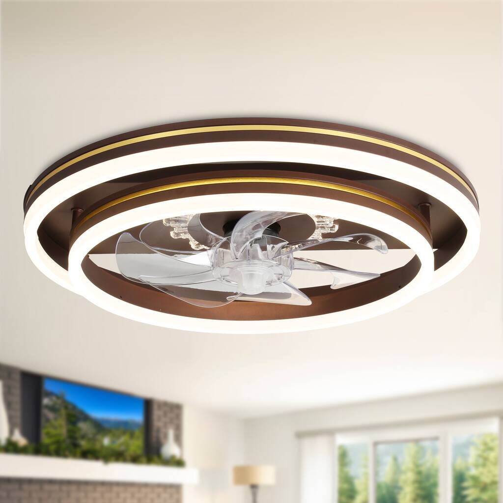 Oaks Aura 20in. LED Smart App Remote Control Low Profile Dual Tier Ceiling Fan Flush Mount Dimmable Bedroom Lighting