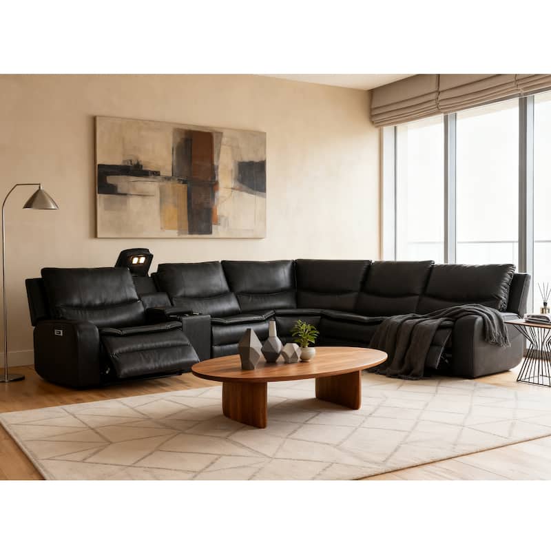 6PCS, 2 Power Recliners, Faux Leather Sectional with Adjustable Headrests, Dodble Width Seat, Wireless Charging and Reading Lamp