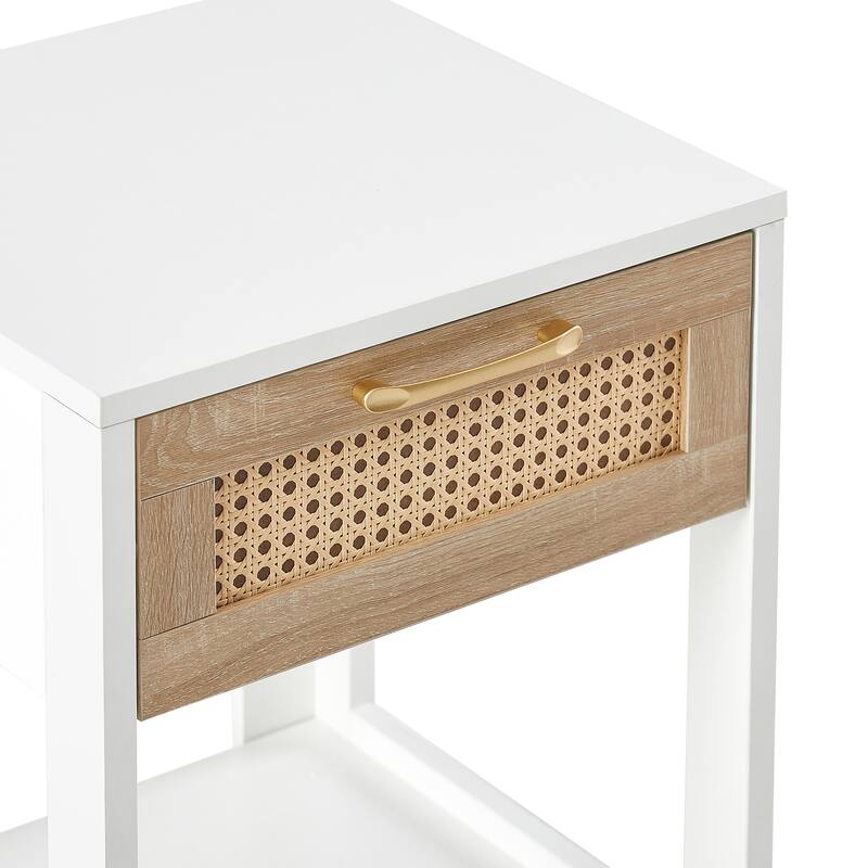 15.75" Rattan End table with Drawer Modern Nightstand Side Table