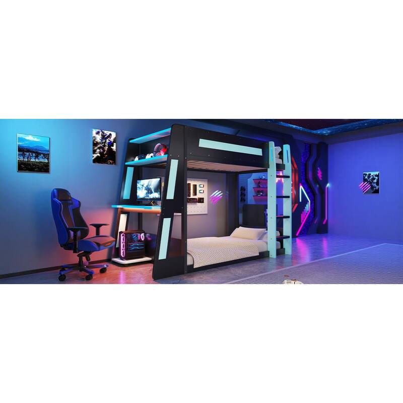 Roomfitters Twin/Full Over Twin Wooden Gaming Bunk Bed with Desk and LED Lights