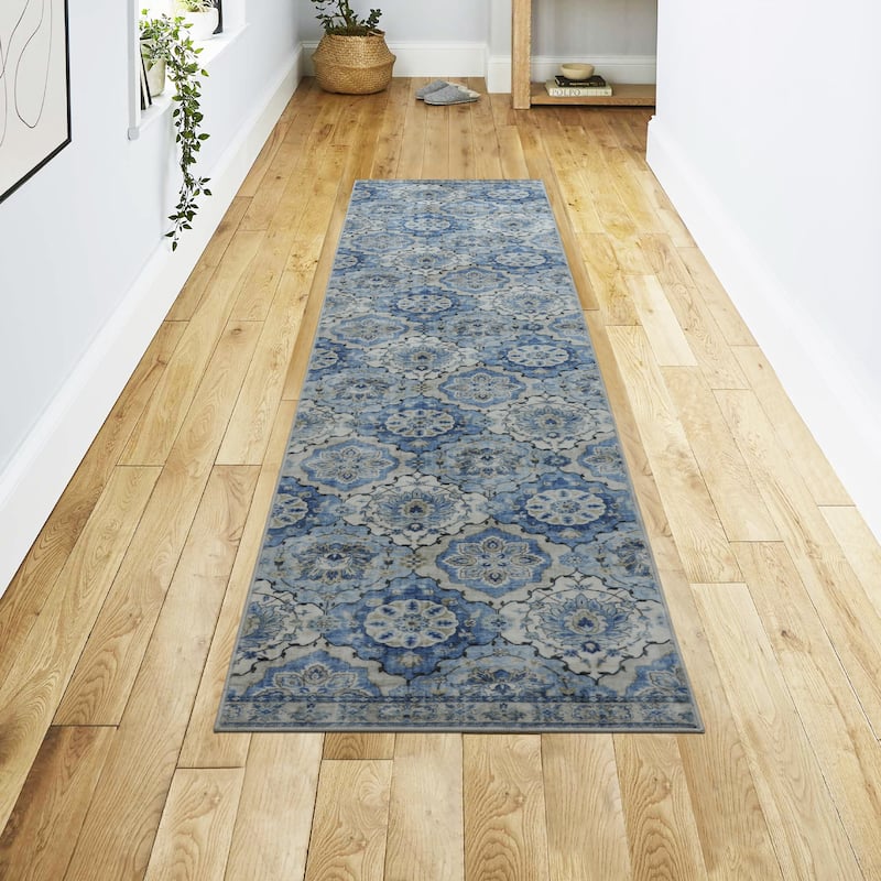 Jean Pierre New York Merdia Printed Washable Chenille Rugs - 2x8 - Blue Multi