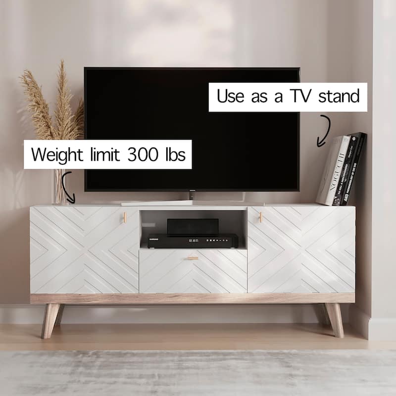 Living Skog Alba Beige TV Stand Console with Drawer Fits TV's up to 65 in. with Wood Legs Mid Century Modern Design