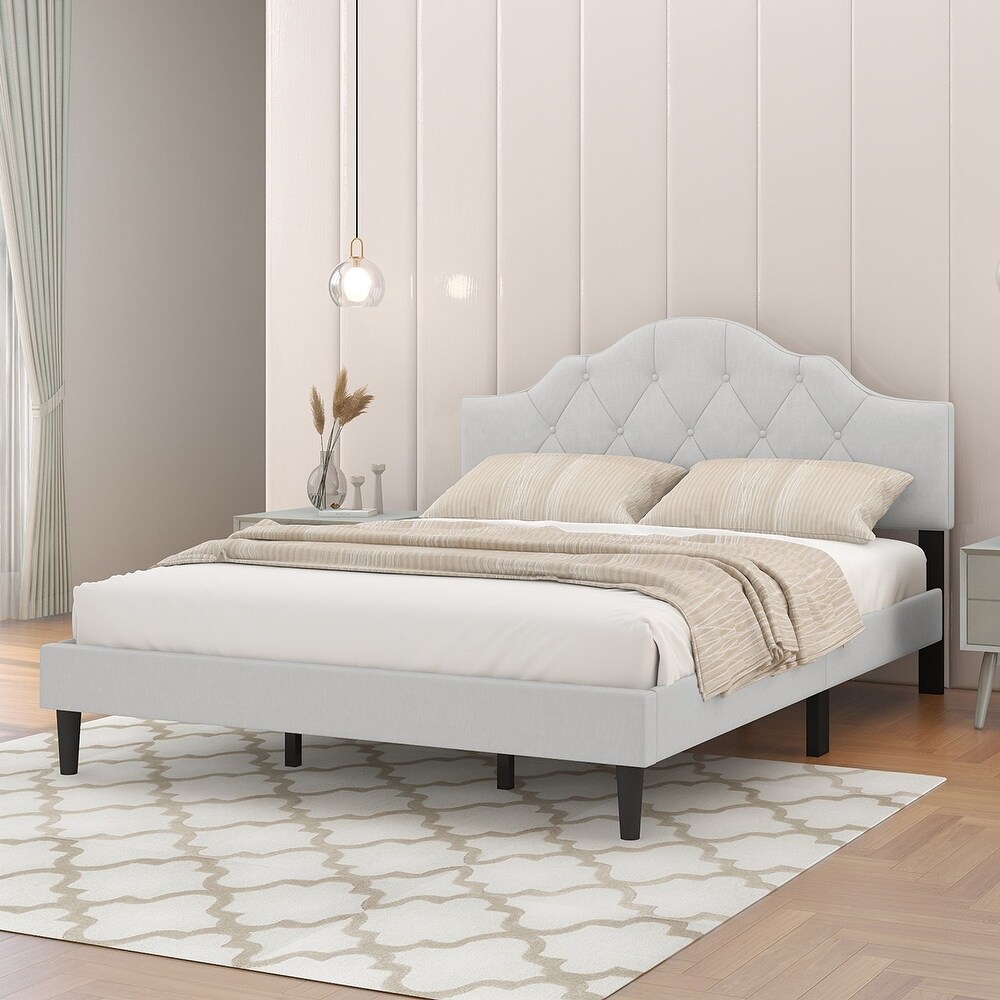 Container Furniture Direct Doak Collection Modern Linen Fabric Upholstered Bedroom Headboard with Nailhead Trim Beige 