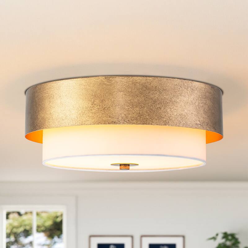 13.8" W Mid-Century Modern Tiered Flower/Circluar Drum Ceiling Light in Distressed Stain Gold with White Fabric Shade - Round