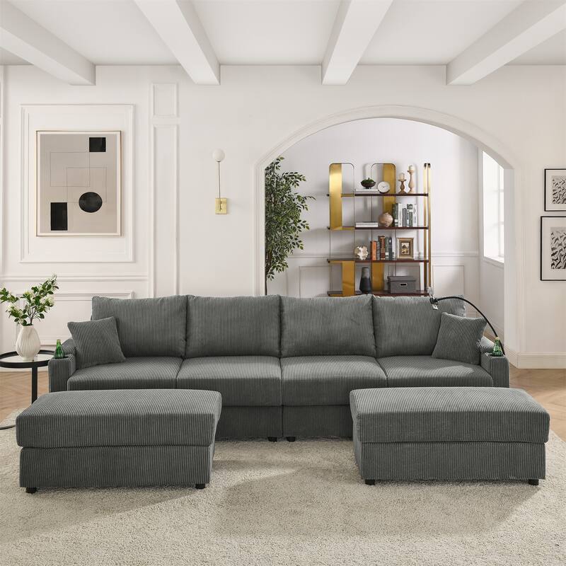 Living Room U-shaped Sectional Sofa with Chaise Lounge, Corduroy 4 Seater Couch with 2 Ottomans, Phone Stand and Cup Holders - Grey