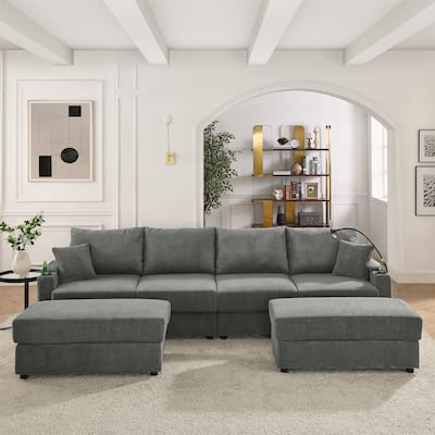 Living Room U-shaped Sectional Sofa with Chaise Lounge, Corduroy 4 Seater Couch with 2 Ottomans, Phone Stand and Cup Holders