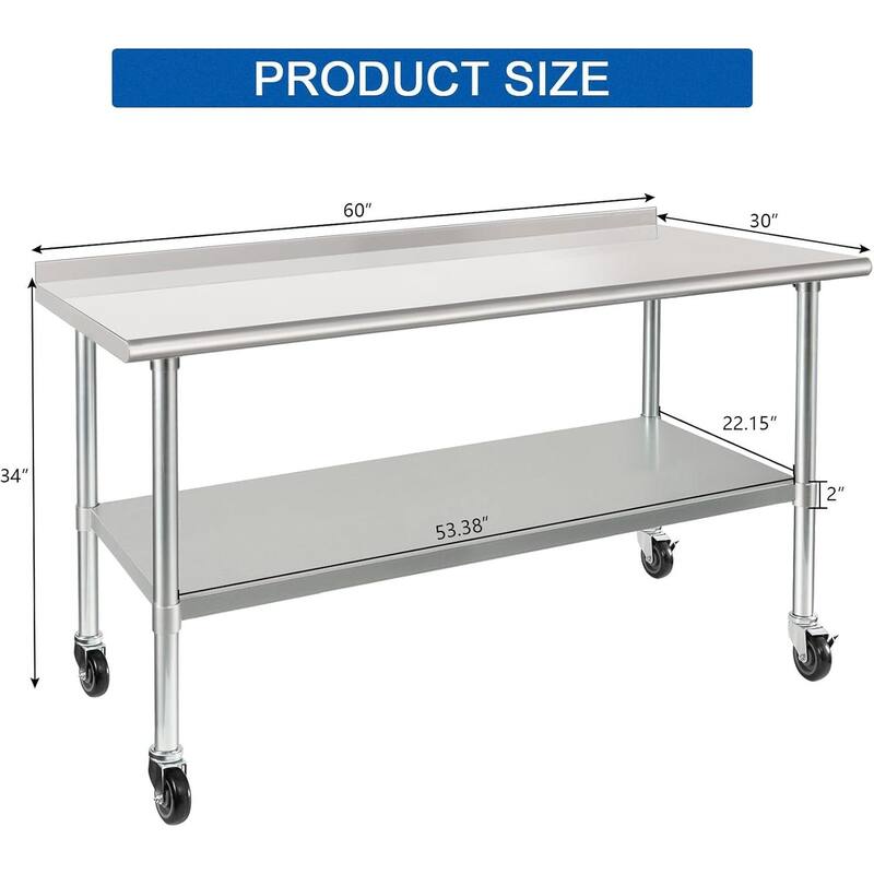 Stainless Steel Table 30 x 60 Inches Metal Prep Table with Wheels Casters Adjustable Undershelf Stainless Table - Silver