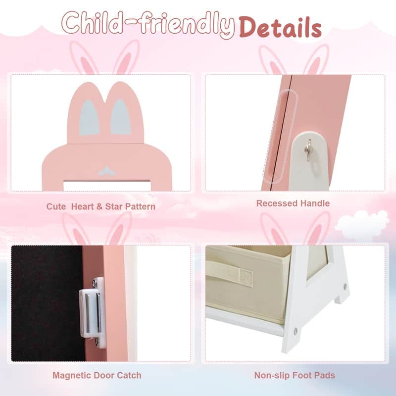 Kids MDF Bunny Jewelry Cabinet In Pink Jewelry Armoire With Mirror, 1 Door And 1 Fabric Drawer