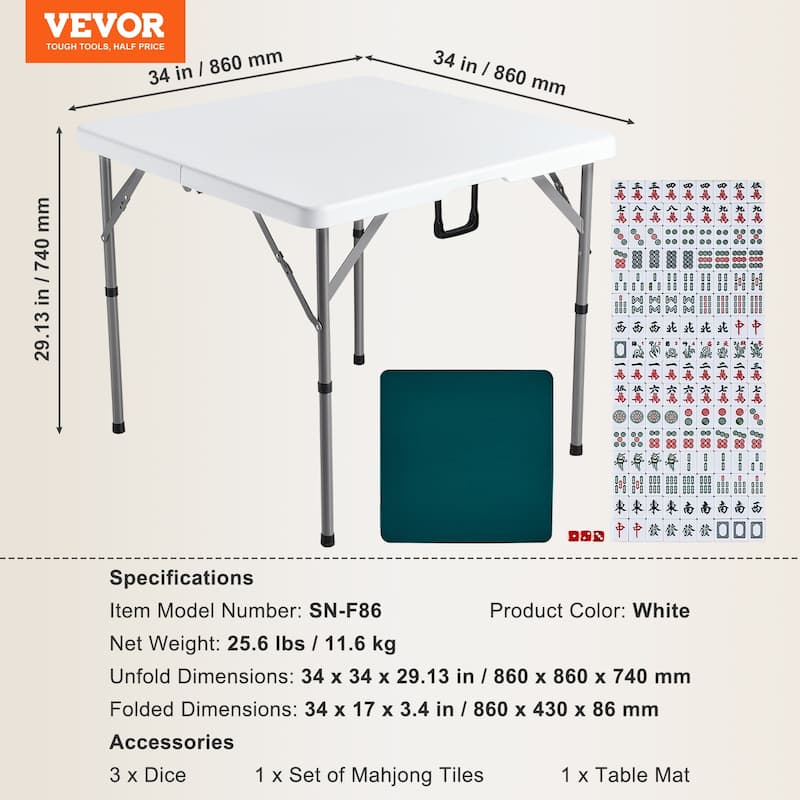 VEVOR Mahjong Table with Mahjong Tiles Set Fold-in-Half 4 Player Card Table with 144PCS Majiang Tiles and 3 Dice