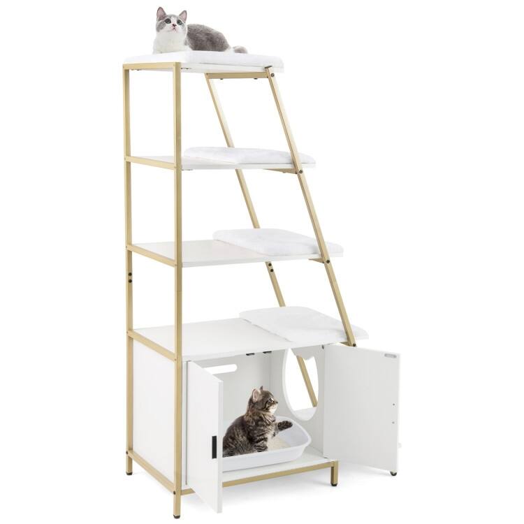 Stylish Large Cat Litter Box Enclosure with Storage and Ladder Shelf for Organization - White