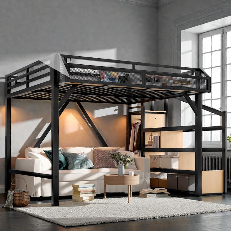 Metal Loft Bed with Storage Stairs, Built-in Wardrobe, Shelves, USB Ports, LED Lights & Noise-Reduced Frame