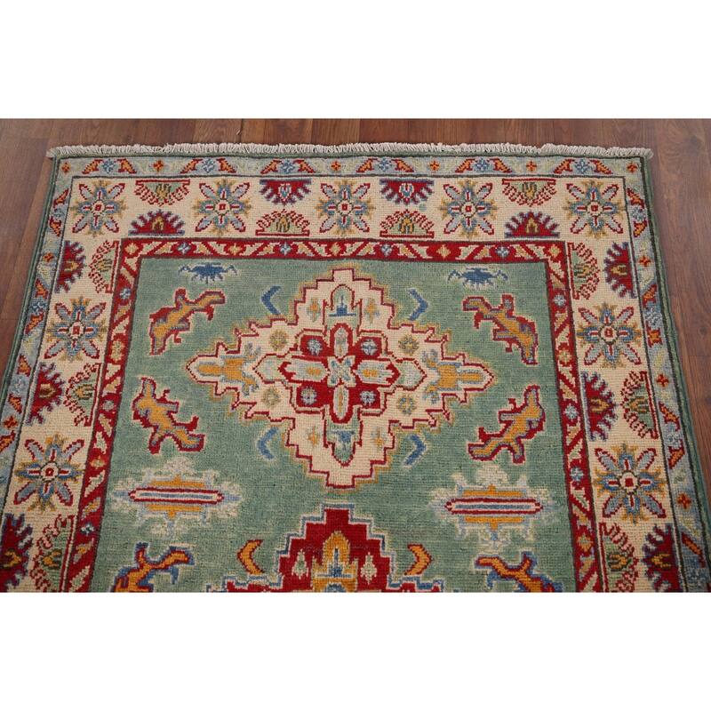Light Green Kazak Accent Rug Handmade Wool Carpet - 3'5" x 4'11"
