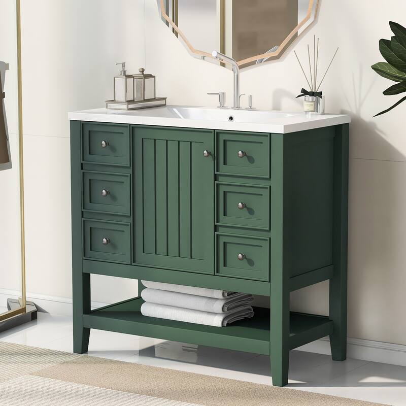 Bathroom Vanity with Sink, Bathroom Vanity with 1 Cabinet and 3 Drawers, Solid Wood Storage Cabinet with Open Shelf