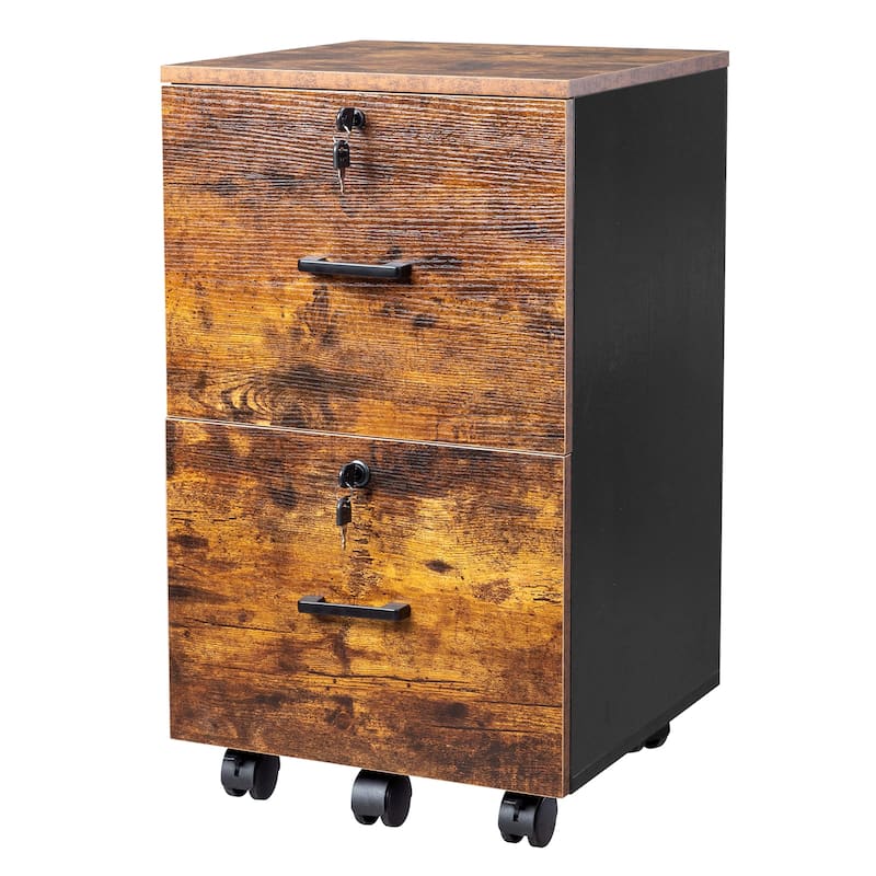 Brown and Black 2-Drawer Rolling Wood File Cabinet with Lockable Wheels for Office Storage