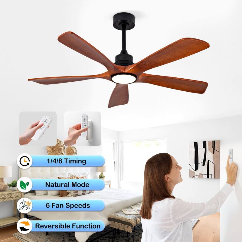 52 Inch Indoor Ceiling Fans With Lights and Remote Control, Dimmable LED, 5 Solid Wood Blades,Reversible DC Motor