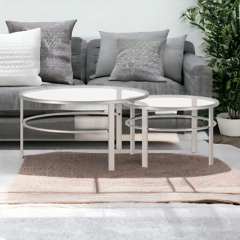 Set of 2 Round Nesting Coffee Tables with Clear Glass Top and Steel Base Modern Living Room Accent - 36"L x 36"W x 18"H