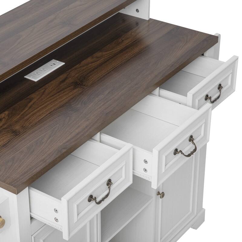 Farmhouse 53.2" Kitchen Island with Power Outlet, Rolling Island Table, Bar Cabinet with Storage 4 Door Shelves and 3 Drawers