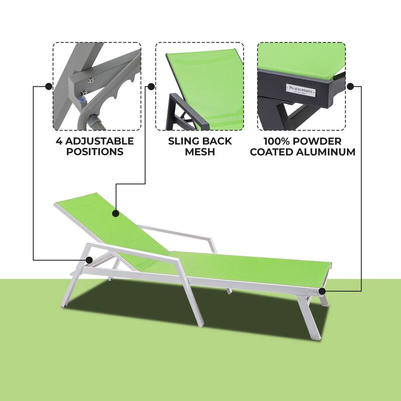 Marlin Adjustable Aluminum Patio Lounge Chair with UV-Protected Breathable Mesh Sling and Armrests, Fully Reclining