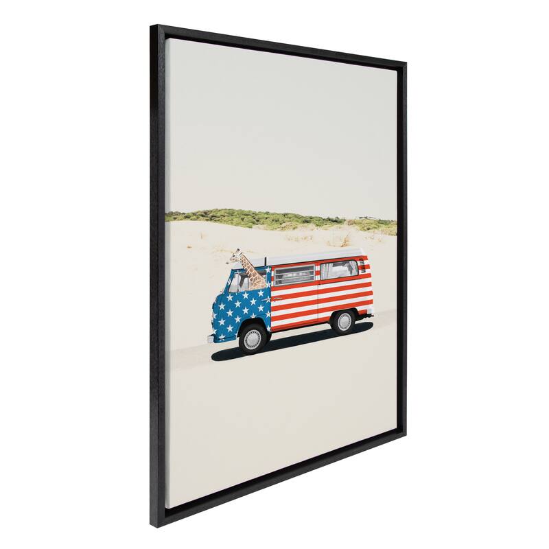 Kate and Laurel Sylvie USA Retro Beach Van Framed Canvas by July Art Prints - 23x33 - Black