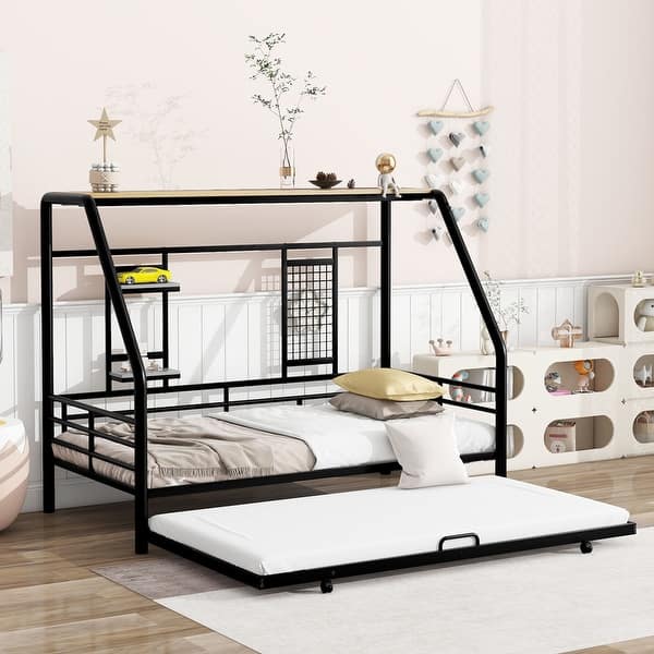 slide 2 of 80, Metal House Bed with Trundle, Twin/Full Size Daybed Playhouse Bed with Bulit-in Storage Shelves and Metal Grid for Kids Teens Black - Twin