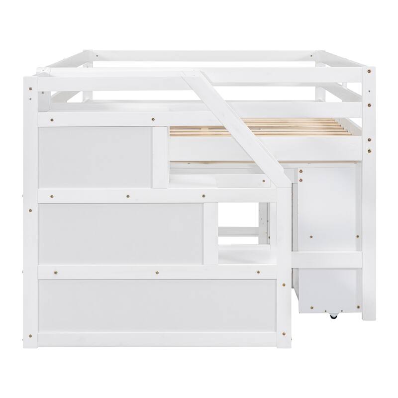 Space-Saving Full Loft Bed with Retractable Desk, Storage Stairs & 3 Drawers, White